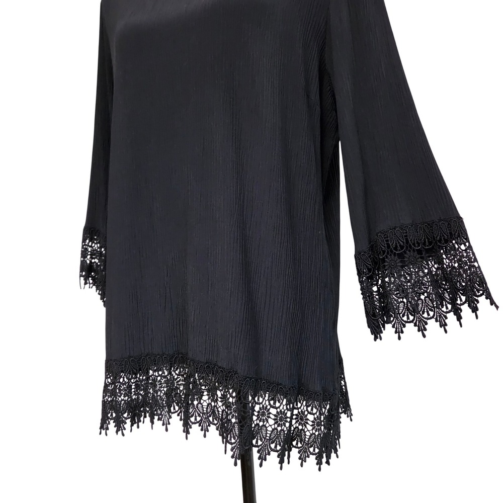 80s Black Scalloped Floral Lace Trim Tunic Top Size 16 Dark Romantic Goth Vamp